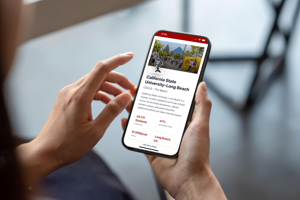 Hands holding a phone showing the Upgraded CSULB school profile with campus photo, description, and key stats